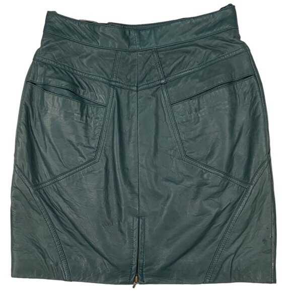 Glen Wood Vintage Soft Leather Skirt 8 Green Mini Angled Front Zip Pocket Retro - Picture 2 of 12